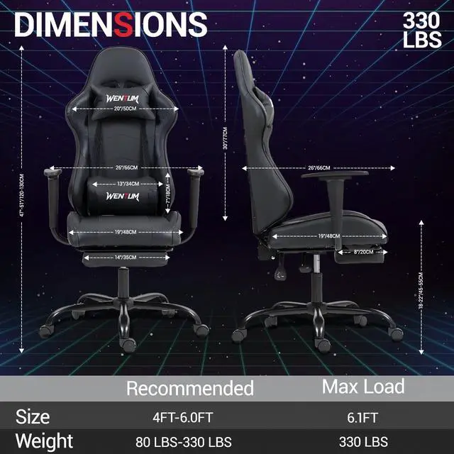 Alt view image 2 of 7 - VANBOW Reclining Gaming Chair with Footrest, Massage Racing Office Chair, PU Leather Computer Desk Chair with Head Pillow for Adults, Black