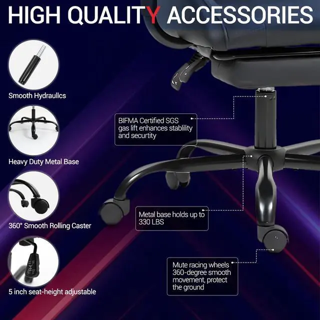 Alt view image 5 of 7 - VANBOW Reclining Gaming Chair with Footrest, Massage Racing Office Chair, PU Leather Computer Desk Chair with Head Pillow for Adults, Black