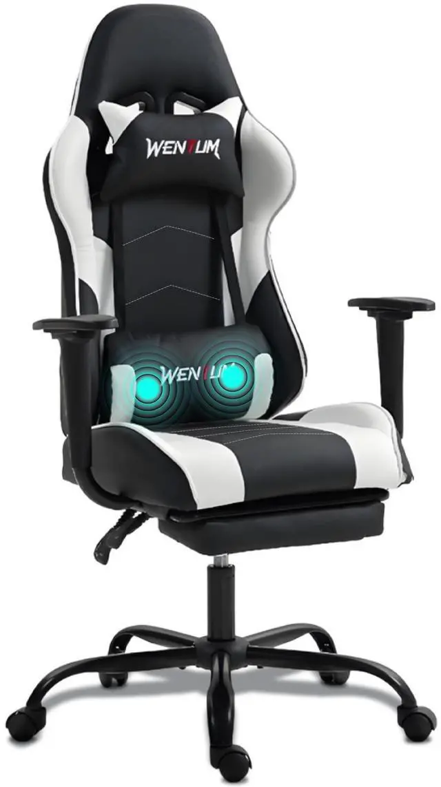Main image of VANBOW Reclining Gaming Chair with Footrest, Massage Racing Office Chair, PU Leather Computer Desk Chair with Head Pillow for Adults, White