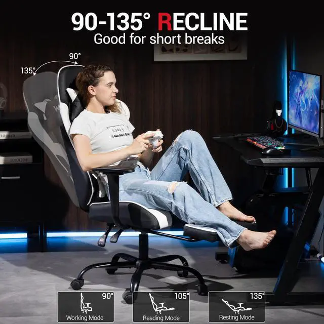 Alt view image 6 of 7 - VANBOW Reclining Gaming Chair with Footrest, Massage Racing Office Chair, PU Leather Computer Desk Chair with Head Pillow for Adults, White