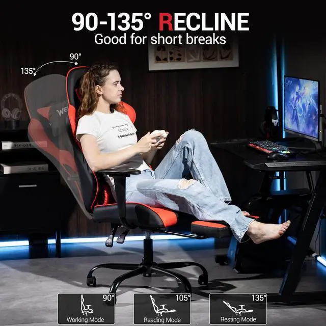 Alt view image 6 of 7 - VANBOW Reclining Gaming Chair with Footrest, Massage Racing Office Chair, PU Leather Computer Desk Chair with Head Pillow for Adults, Red