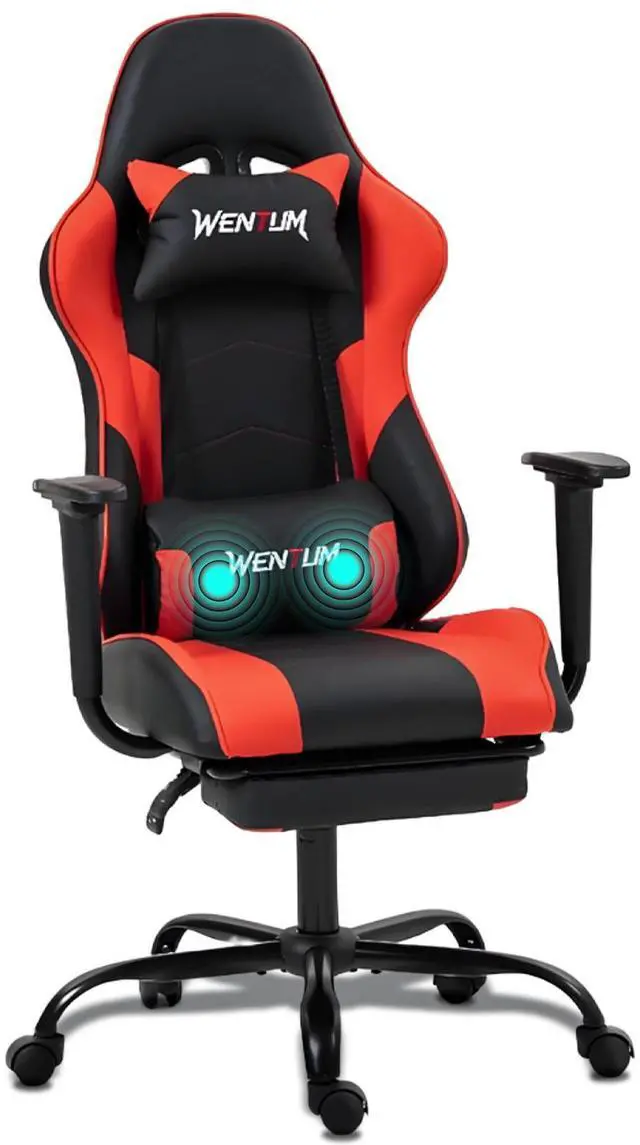 Main image of VANBOW Reclining Gaming Chair with Footrest, Massage Racing Office Chair, PU Leather Computer Desk Chair with Head Pillow for Adults, Red