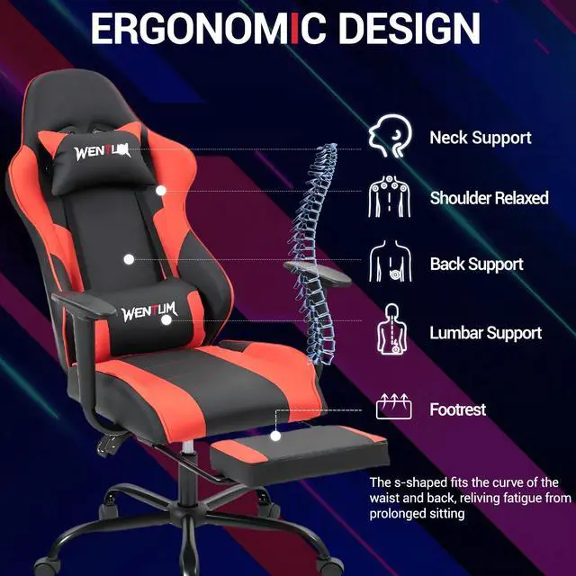Alt view image 3 of 7 - VANBOW Reclining Gaming Chair with Footrest, Massage Racing Office Chair, PU Leather Computer Desk Chair with Head Pillow for Adults, Red