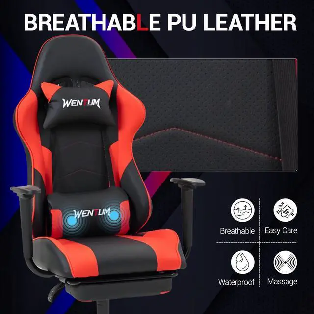 Alt view image 4 of 7 - VANBOW Reclining Gaming Chair with Footrest, Massage Racing Office Chair, PU Leather Computer Desk Chair with Head Pillow for Adults, Red