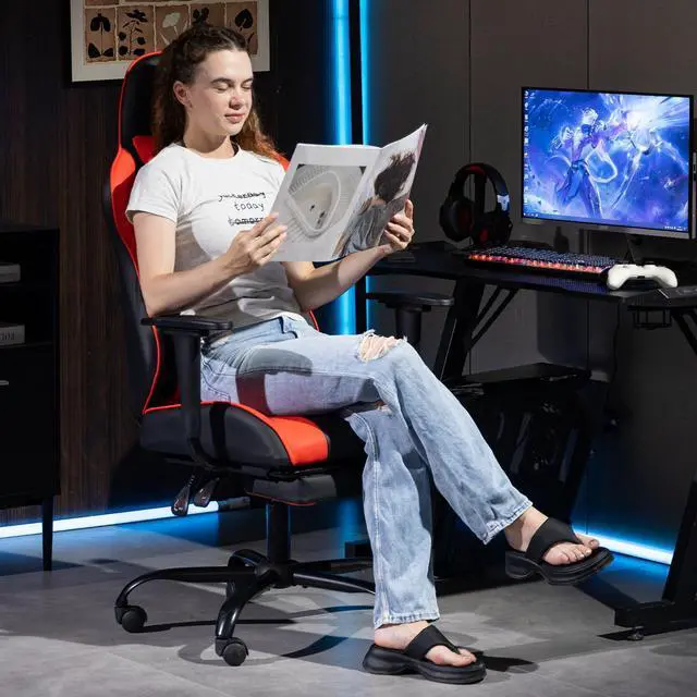 Alt view image 7 of 7 - VANBOW Reclining Gaming Chair with Footrest, Massage Racing Office Chair, PU Leather Computer Desk Chair with Head Pillow for Adults, Red