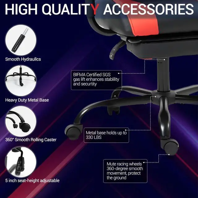 Alt view image 5 of 7 - VANBOW Reclining Gaming Chair with Footrest, Massage Racing Office Chair, PU Leather Computer Desk Chair with Head Pillow for Adults, Red
