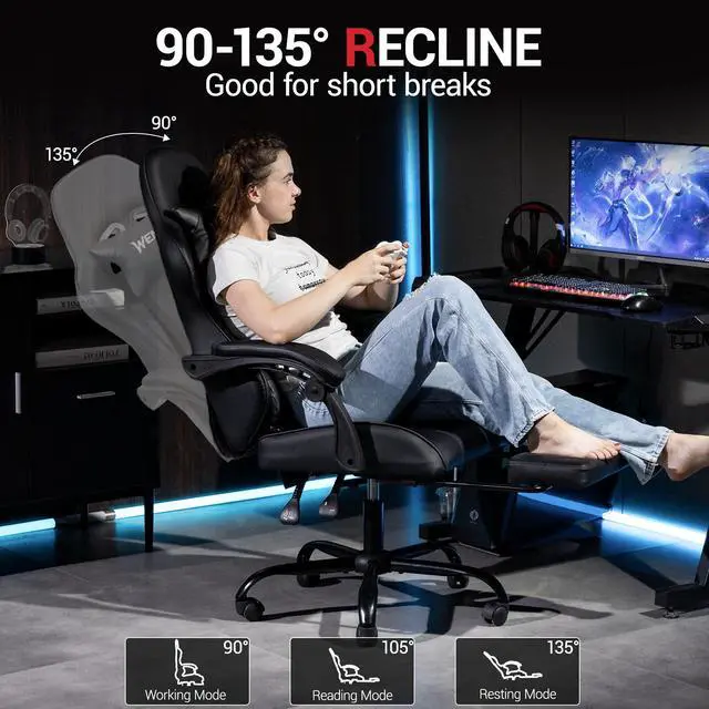 Alt view image 7 of 7 - VANBOW Ergonomic Reclining Gaming Chair with Linkage Armrests & Footrest, Racing Office Chair, PU Leather Computer Desk Chair, Black