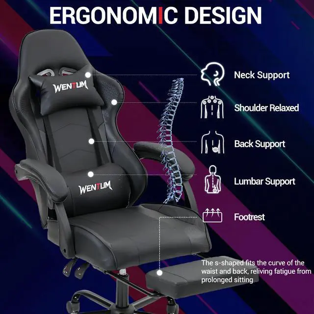 Alt view image 3 of 7 - VANBOW Ergonomic Reclining Gaming Chair with Linkage Armrests & Footrest, Racing Office Chair, PU Leather Computer Desk Chair, Black