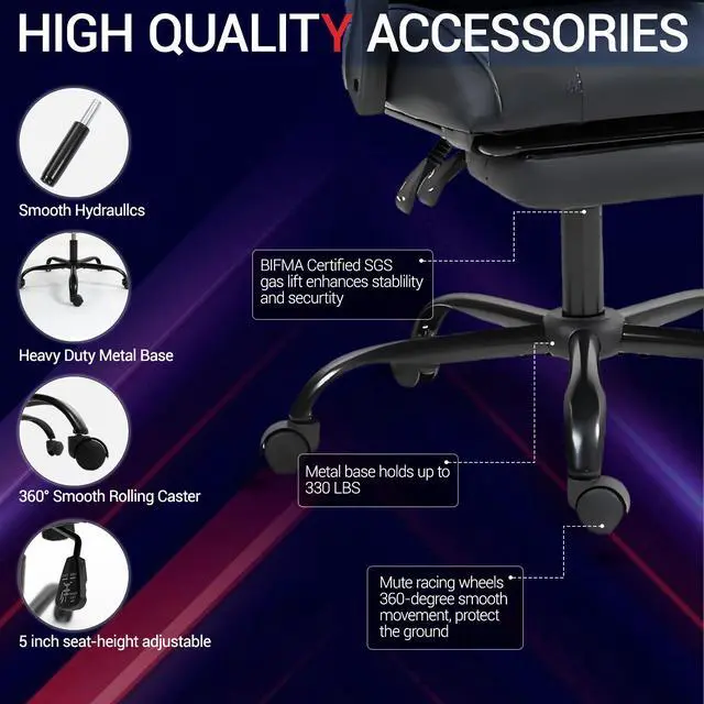 Alt view image 6 of 7 - VANBOW Ergonomic Reclining Gaming Chair with Linkage Armrests & Footrest, Racing Office Chair, PU Leather Computer Desk Chair, Black