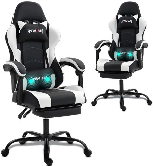 Main image of VANBOW Ergonomic Reclining Gaming Chair with Linkage Armrests & Footrest, Racing Office Chair, PU Leather Computer Desk Chair, White