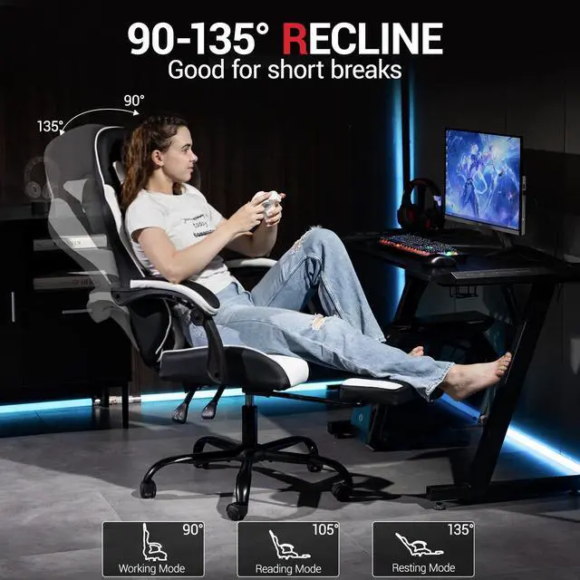 Alt view image 7 of 7 - VANBOW Ergonomic Reclining Gaming Chair with Linkage Armrests & Footrest, Racing Office Chair, PU Leather Computer Desk Chair, White