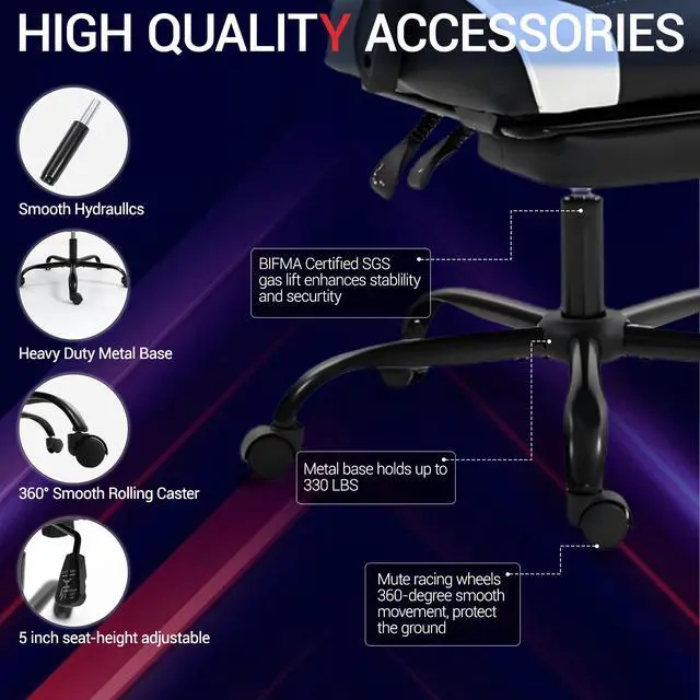 Alt view image 6 of 7 - VANBOW Ergonomic Reclining Gaming Chair with Linkage Armrests & Footrest, Racing Office Chair, PU Leather Computer Desk Chair, White