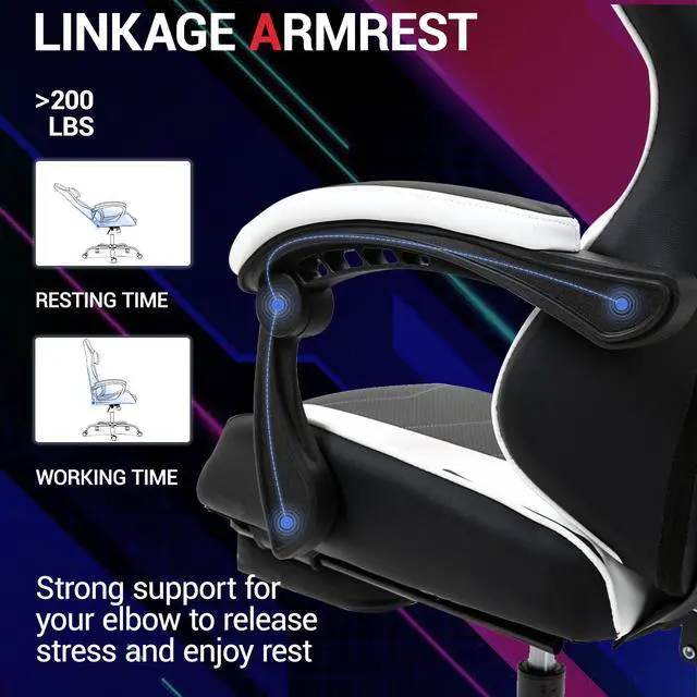 Alt view image 4 of 7 - VANBOW Ergonomic Reclining Gaming Chair with Linkage Armrests & Footrest, Racing Office Chair, PU Leather Computer Desk Chair, White