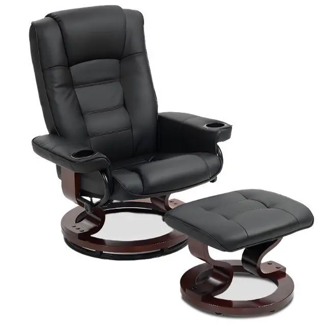 Main image of VANBOW Recliner Chair with Ottoman, Swivel Wood Base, Accent Chair, Faux Leather Lounge Chair with Footrest for Living Room and Bedroom, Black