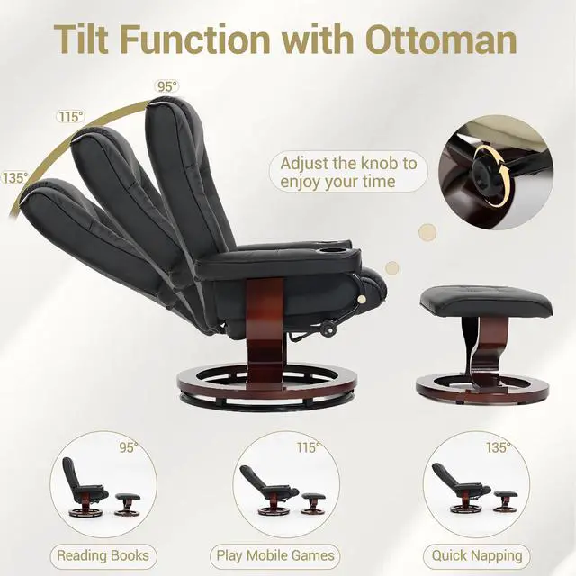 Alt view image 5 of 7 - VANBOW Recliner Chair with Ottoman, Swivel Wood Base, Accent Chair, Faux Leather Lounge Chair with Footrest for Living Room and Bedroom, Black