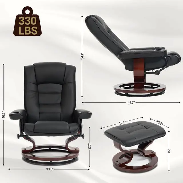 Alt view image 2 of 7 - VANBOW Recliner Chair with Ottoman, Swivel Wood Base, Accent Chair, Faux Leather Lounge Chair with Footrest for Living Room and Bedroom, Black