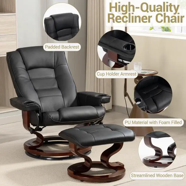 Alt view image 3 of 7 - VANBOW Recliner Chair with Ottoman, Swivel Wood Base, Accent Chair, Faux Leather Lounge Chair with Footrest for Living Room and Bedroom, Black