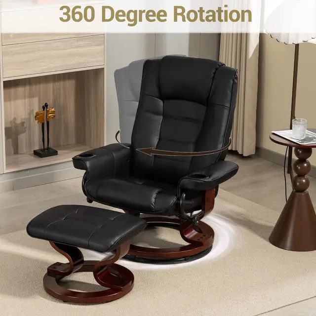 Alt view image 4 of 7 - VANBOW Recliner Chair with Ottoman, Swivel Wood Base, Accent Chair, Faux Leather Lounge Chair with Footrest for Living Room and Bedroom, Black
