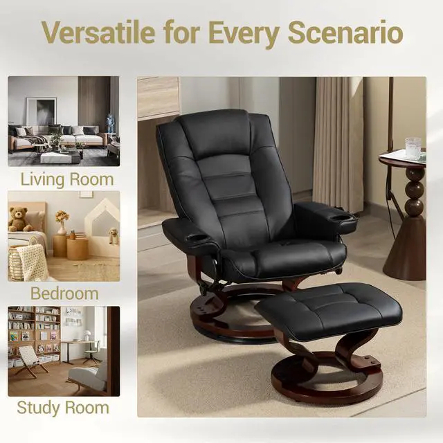 Alt view image 6 of 7 - VANBOW Recliner Chair with Ottoman, Swivel Wood Base, Accent Chair, Faux Leather Lounge Chair with Footrest for Living Room and Bedroom, Black