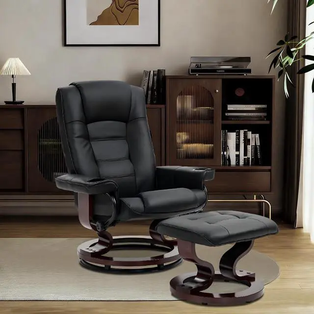 Alt view image 7 of 7 - VANBOW Recliner Chair with Ottoman, Swivel Wood Base, Accent Chair, Faux Leather Lounge Chair with Footrest for Living Room and Bedroom, Black