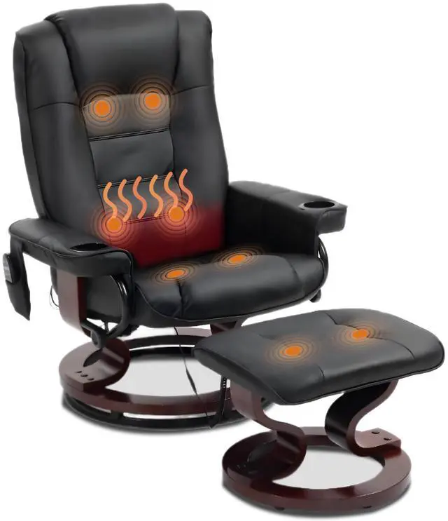 Main image of VANBOW Massage Recliner with Ottoman Swivel Wood Base, Adjustable Recline, Faux Leather Lounge Chair with Footrest for Living Room and Bedroom, Black