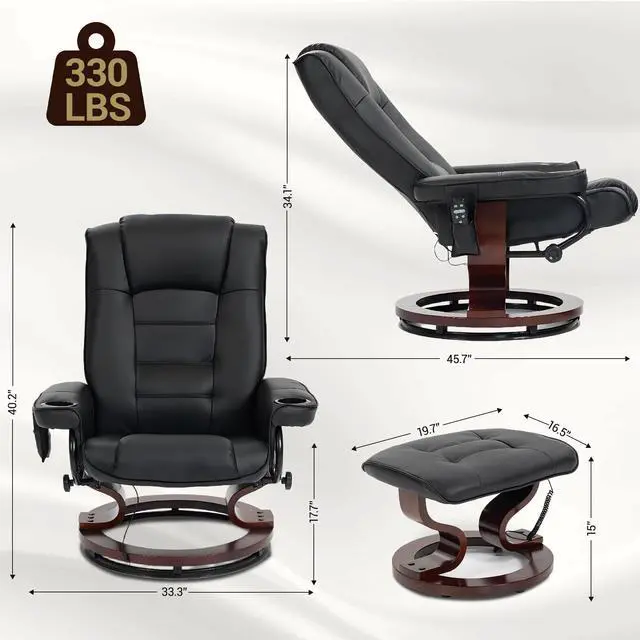 Alt view image 2 of 7 - VANBOW Massage Recliner with Ottoman Swivel Wood Base, Adjustable Recline, Faux Leather Lounge Chair with Footrest for Living Room and Bedroom, Black