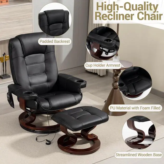 Alt view image 3 of 7 - VANBOW Massage Recliner with Ottoman Swivel Wood Base, Adjustable Recline, Faux Leather Lounge Chair with Footrest for Living Room and Bedroom, Black