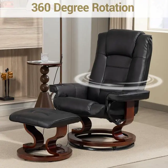 Alt view image 4 of 7 - VANBOW Massage Recliner with Ottoman Swivel Wood Base, Adjustable Recline, Faux Leather Lounge Chair with Footrest for Living Room and Bedroom, Black