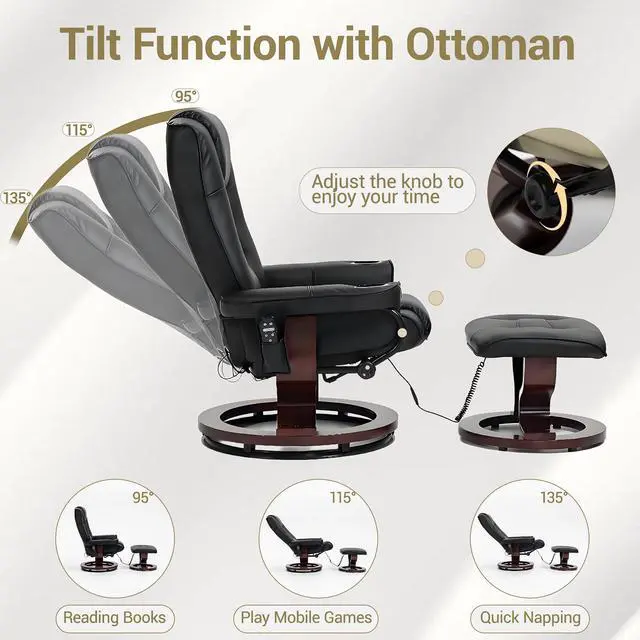 Alt view image 5 of 7 - VANBOW Massage Recliner with Ottoman Swivel Wood Base, Adjustable Recline, Faux Leather Lounge Chair with Footrest for Living Room and Bedroom, Black