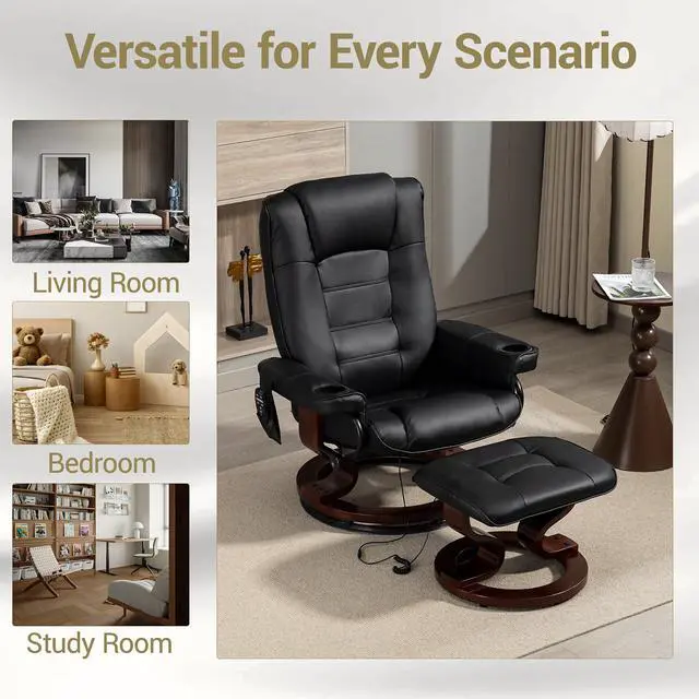 Alt view image 7 of 7 - VANBOW Massage Recliner with Ottoman Swivel Wood Base, Adjustable Recline, Faux Leather Lounge Chair with Footrest for Living Room and Bedroom, Black