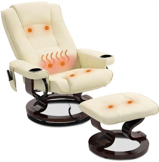 Main image of VANBOW Massage Recliner with Ottoman Swivel Wood Base, Adjustable Recline, Faux Leather Lounge Chair with Footrest for Living Room and Bedroom, Beige