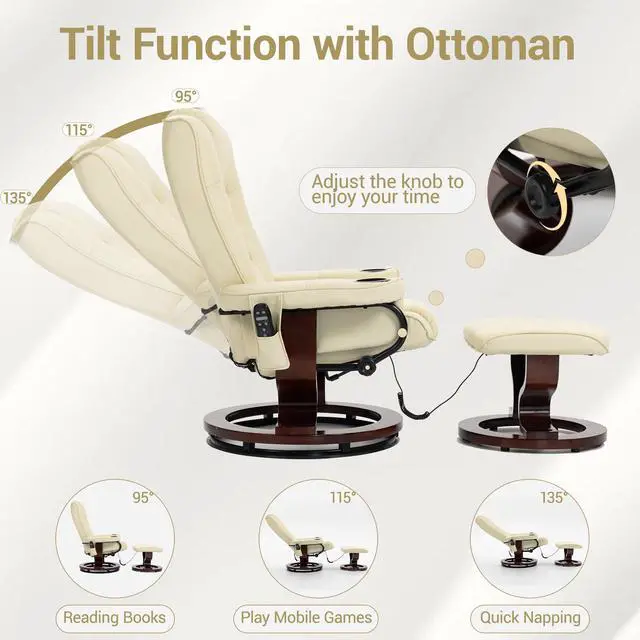 Alt view image 5 of 7 - VANBOW Massage Recliner with Ottoman Swivel Wood Base, Adjustable Recline, Faux Leather Lounge Chair with Footrest for Living Room and Bedroom, Beige