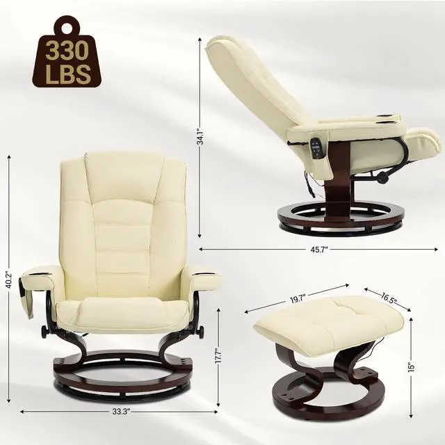 Alt view image 2 of 7 - VANBOW Massage Recliner with Ottoman Swivel Wood Base, Adjustable Recline, Faux Leather Lounge Chair with Footrest for Living Room and Bedroom, Beige