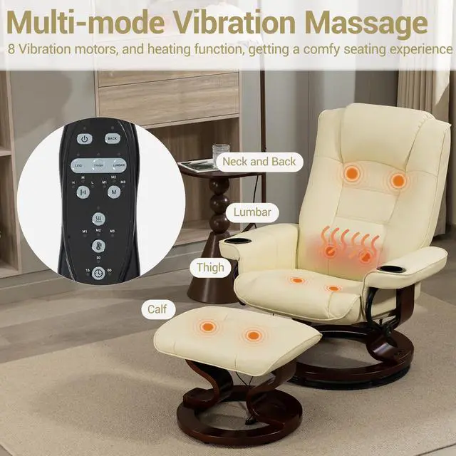 Alt view image 6 of 7 - VANBOW Massage Recliner with Ottoman Swivel Wood Base, Adjustable Recline, Faux Leather Lounge Chair with Footrest for Living Room and Bedroom, Beige