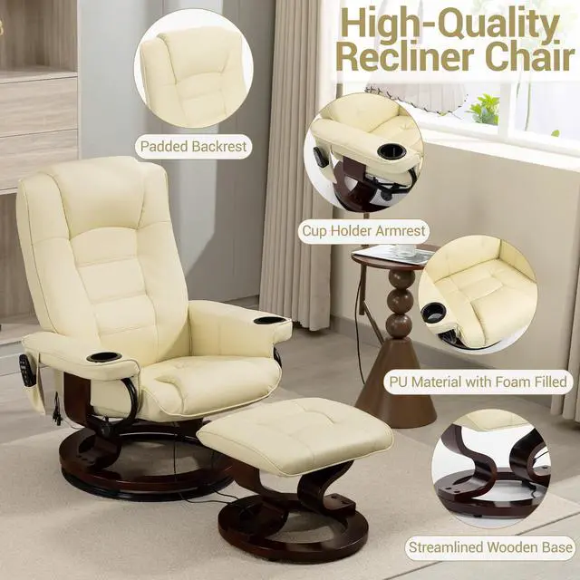 Alt view image 3 of 7 - VANBOW Massage Recliner with Ottoman Swivel Wood Base, Adjustable Recline, Faux Leather Lounge Chair with Footrest for Living Room and Bedroom, Beige