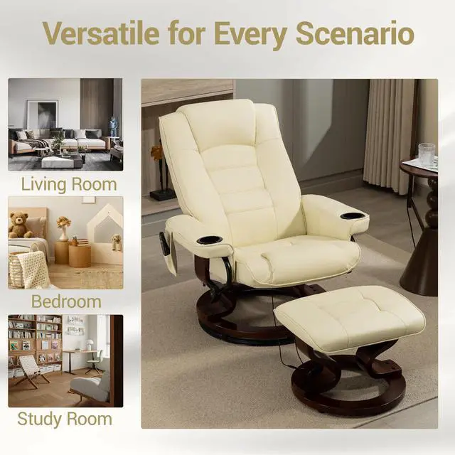 Alt view image 7 of 7 - VANBOW Massage Recliner with Ottoman Swivel Wood Base, Adjustable Recline, Faux Leather Lounge Chair with Footrest for Living Room and Bedroom, Beige