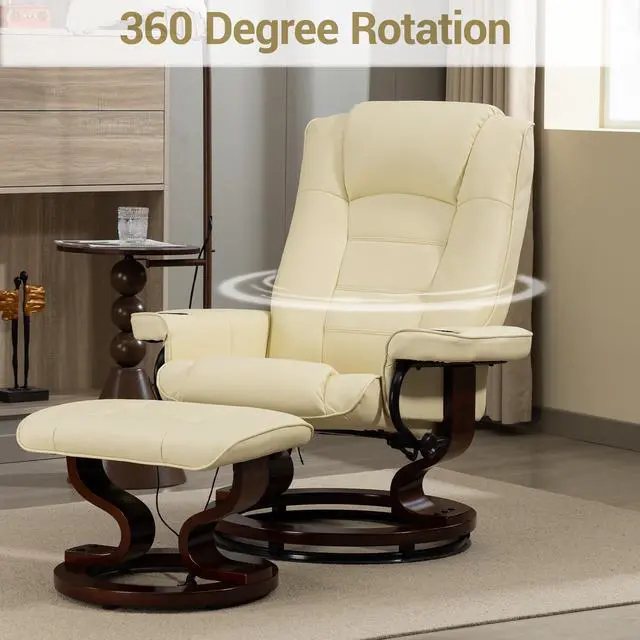Alt view image 4 of 7 - VANBOW Massage Recliner with Ottoman Swivel Wood Base, Adjustable Recline, Faux Leather Lounge Chair with Footrest for Living Room and Bedroom, Beige