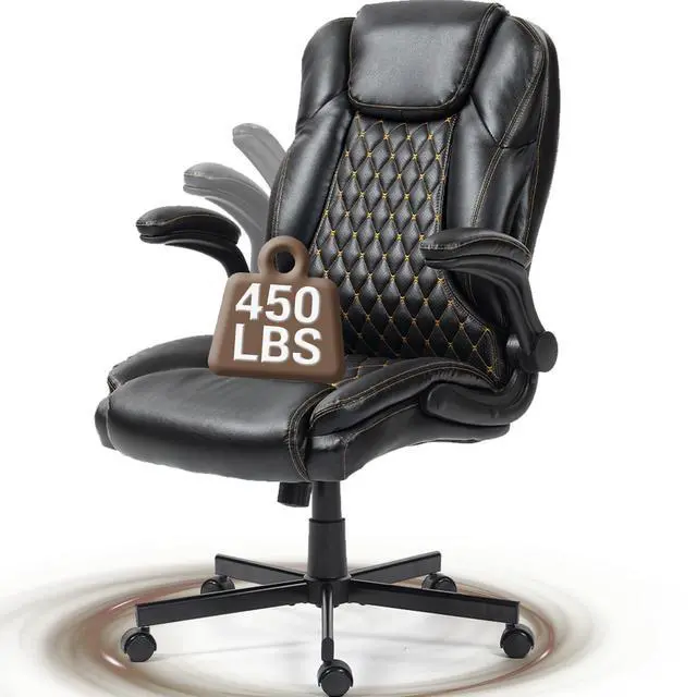 Main image of VANBOW High Back Executive Office Chair, Ergonomic Computer Desk Chair with Rocking Function, PU Leather, Flip-Up Armrests and Lumbar Support, Black
