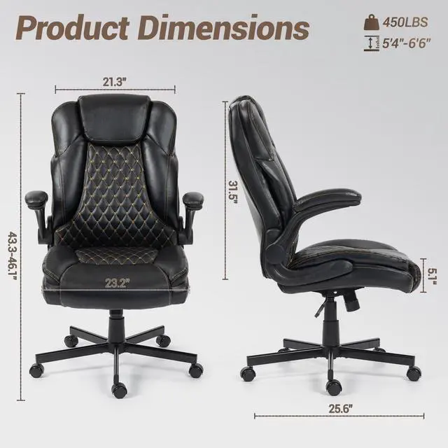 Alt view image 2 of 7 - VANBOW High Back Executive Office Chair, Ergonomic Computer Desk Chair with Rocking Function, PU Leather, Flip-Up Armrests and Lumbar Support, Black