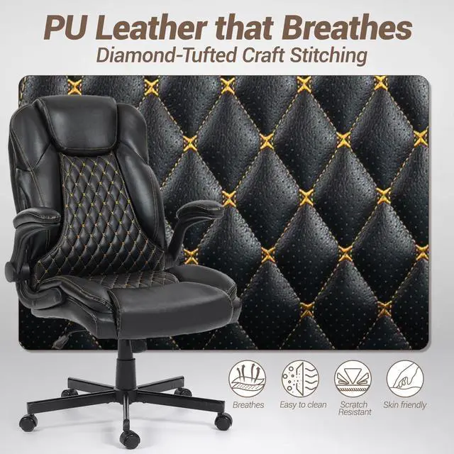 Alt view image 3 of 7 - VANBOW High Back Executive Office Chair, Ergonomic Computer Desk Chair with Rocking Function, PU Leather, Flip-Up Armrests and Lumbar Support, Black