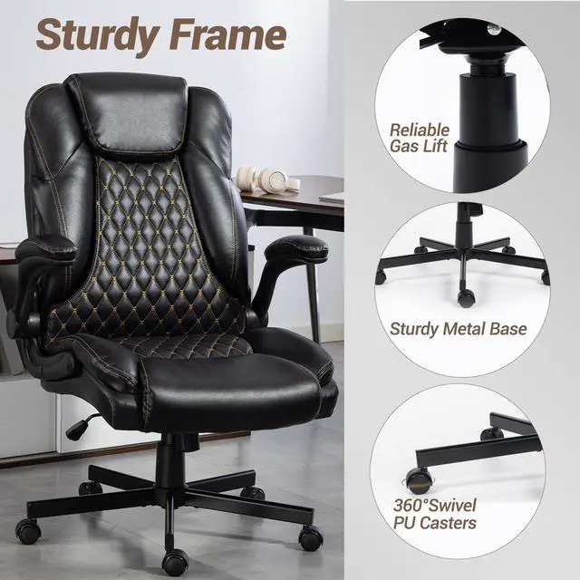 Alt view image 7 of 7 - VANBOW High Back Executive Office Chair, Ergonomic Computer Desk Chair with Rocking Function, PU Leather, Flip-Up Armrests and Lumbar Support, Black