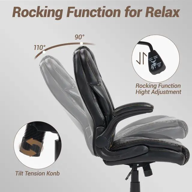Alt view image 6 of 7 - VANBOW High Back Executive Office Chair, Ergonomic Computer Desk Chair with Rocking Function, PU Leather, Flip-Up Armrests and Lumbar Support, Black