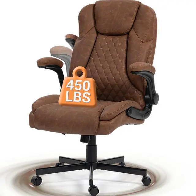 Main image of VANBOW High Back Executive Office Chair, Ergonomic Computer Desk Chair with Rocking Function, PU Leather, Flip-Up Armrests and Lumbar Support, Brown