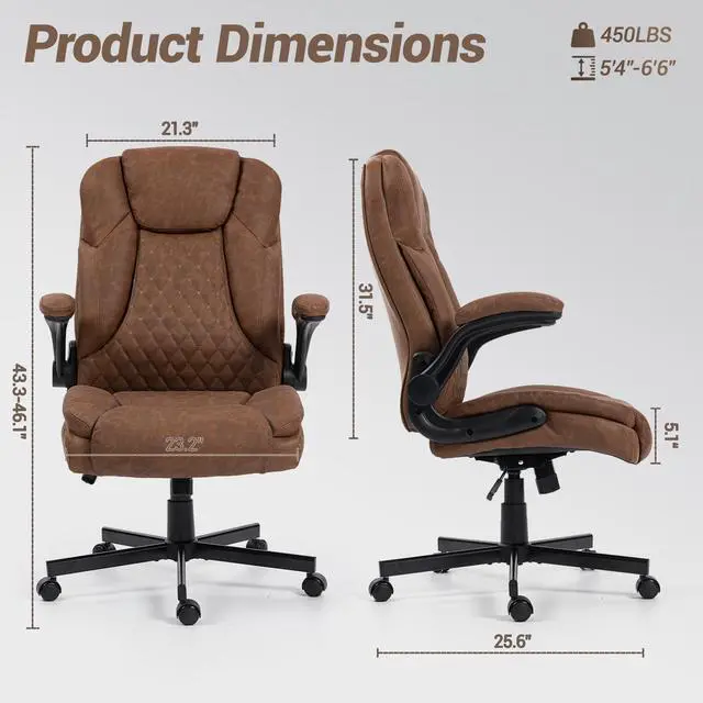 Alt view image 2 of 7 - VANBOW High Back Executive Office Chair, Ergonomic Computer Desk Chair with Rocking Function, PU Leather, Flip-Up Armrests and Lumbar Support, Brown