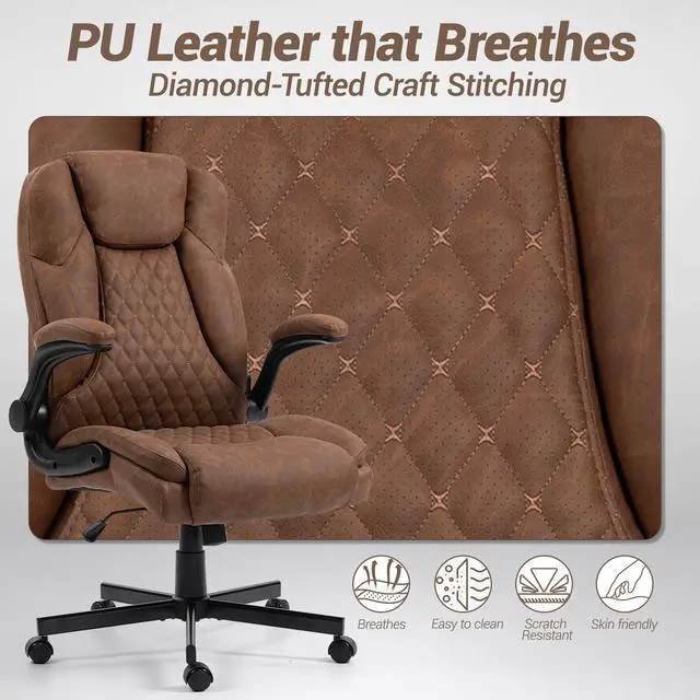 Alt view image 3 of 7 - VANBOW High Back Executive Office Chair, Ergonomic Computer Desk Chair with Rocking Function, PU Leather, Flip-Up Armrests and Lumbar Support, Brown