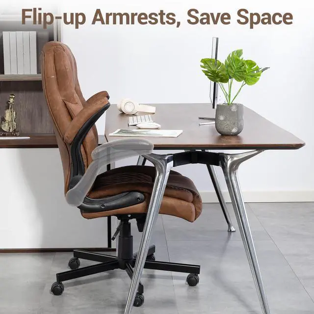 Alt view image 5 of 7 - VANBOW High Back Executive Office Chair, Ergonomic Computer Desk Chair with Rocking Function, PU Leather, Flip-Up Armrests and Lumbar Support, Brown