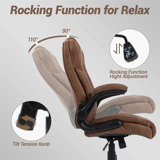 Alt view image 6 of 7 - VANBOW High Back Executive Office Chair, Ergonomic Computer Desk Chair with Rocking Function, PU Leather, Flip-Up Armrests and Lumbar Support, Brown