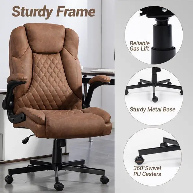 Alt view image 7 of 7 - VANBOW High Back Executive Office Chair, Ergonomic Computer Desk Chair with Rocking Function, PU Leather, Flip-Up Armrests and Lumbar Support, Brown