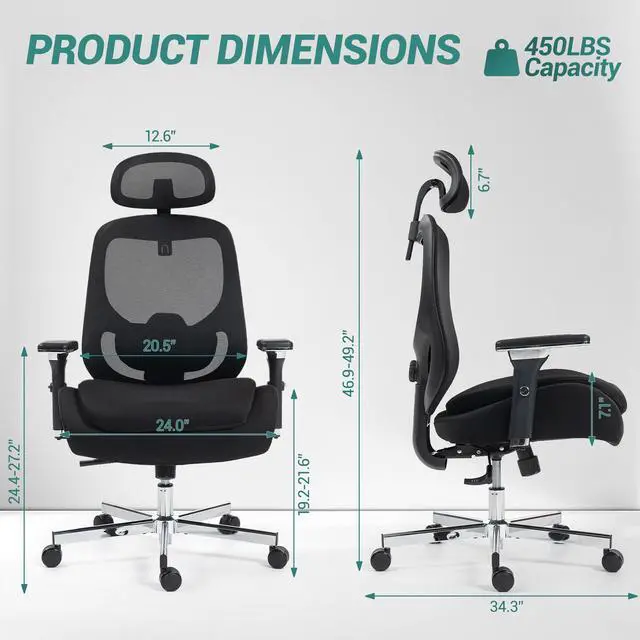Alt view image 2 of 7 - VANBOW Ergonomic Mesh Office Chair, Comfy Desk Chair, Big and Tall Executive Office Chair with 4D Arms, 2D Lumbar Support, Adjustable Headrest, Black