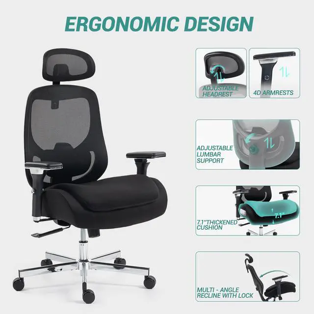 Alt view image 7 of 7 - VANBOW Ergonomic Mesh Office Chair, Comfy Desk Chair, Big and Tall Executive Office Chair with 4D Arms, 2D Lumbar Support, Adjustable Headrest, Black